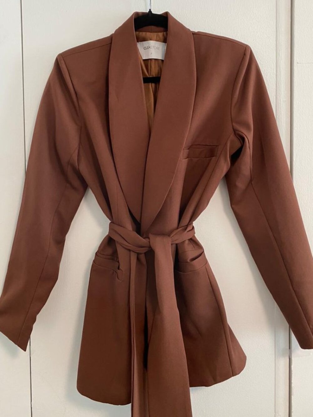 Chocolate Brown Belted Shawl-Collar Blazer (Longline)